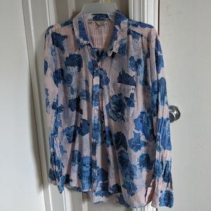 Flowy pink & blue button down floral top